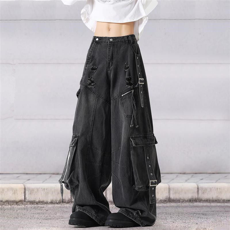 裤子口袋工装水洗牛仔裤男女磨破宽松高街美式阔腿解构设计裤潮