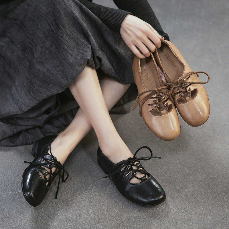 杰骤2026夏季新款进口马皮设计感绑带芭蕾单鞋圆头镂空玛丽珍女鞋