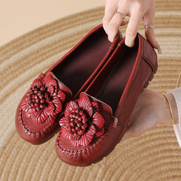 2026春季新款妈妈鞋真皮平底软底防滑套脚鞋子中老跳舞花朵女鞋,女鞋,浅口单鞋,淘宝优惠券,粉丝福利购,淘宝优惠卷