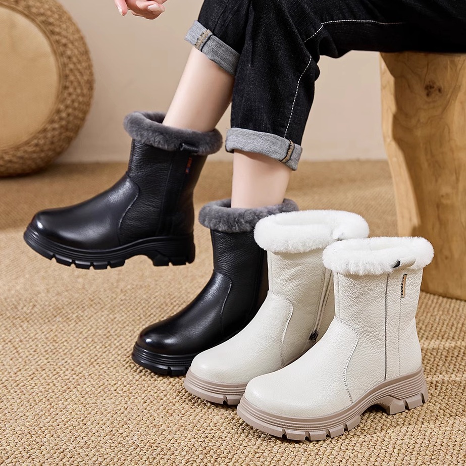 皮毛一体雪地靴女2025冬季真皮加绒加厚防滑羊毛女靴保暖中筒靴
