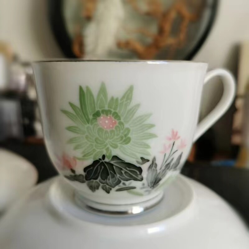 保真洪江东方茶具15头绿菊花手绘杯壶老货醴陵毛瓷陶瓷器收藏茶具