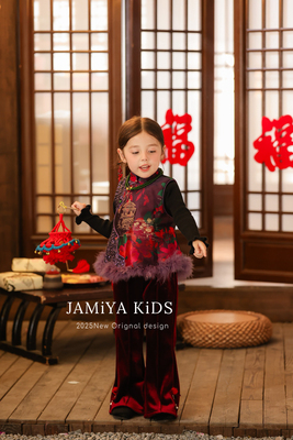 jamiya品牌童装年款女童新中式毛边马甲旗袍背心上衣儿童国风唐装