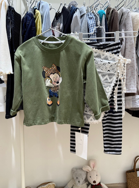 2025秋季新款韩版精品实体店童装女童小童墨绿色米妮印花长袖T恤