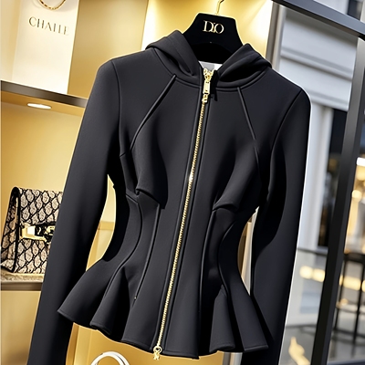黑色短款连帽拉链卫衣外套女春季