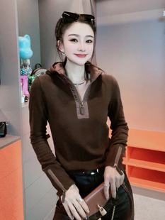 美拉德洋气时尚慵懒风拼接连帽卫衣女2023冬季新款修身百搭上衣潮