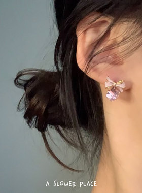 温柔系粉紫蝴蝶结高亮锆石耳钉 小清新粉嫩显白 925银针