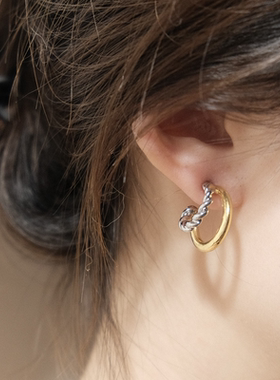 C形双环超绝气质耳环 韩国复古几何金银拼双色 韩版ins风银针