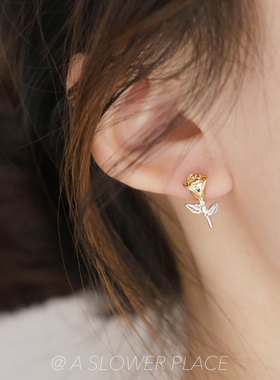 冰雪玫瑰 金银撞色简约百搭冷淡玫瑰耳钉 925银针