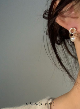 珍珠镶钻圈圈耳钉 韩系小众设计感高级感耳环 微镶工艺925银针