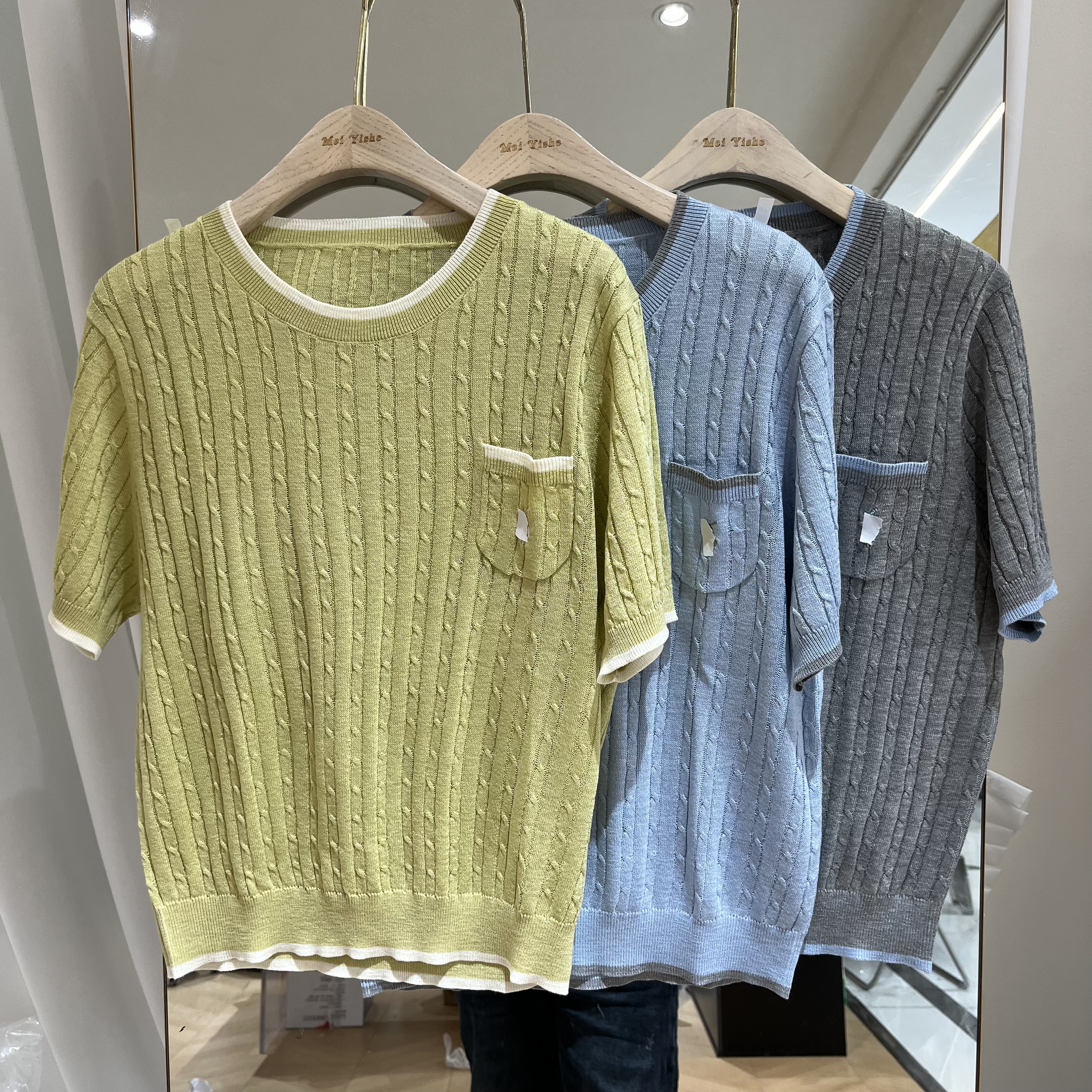 欧洲站2026春季新款女士拼色边麻花纹竹节麻短袖欧货时尚百搭针织