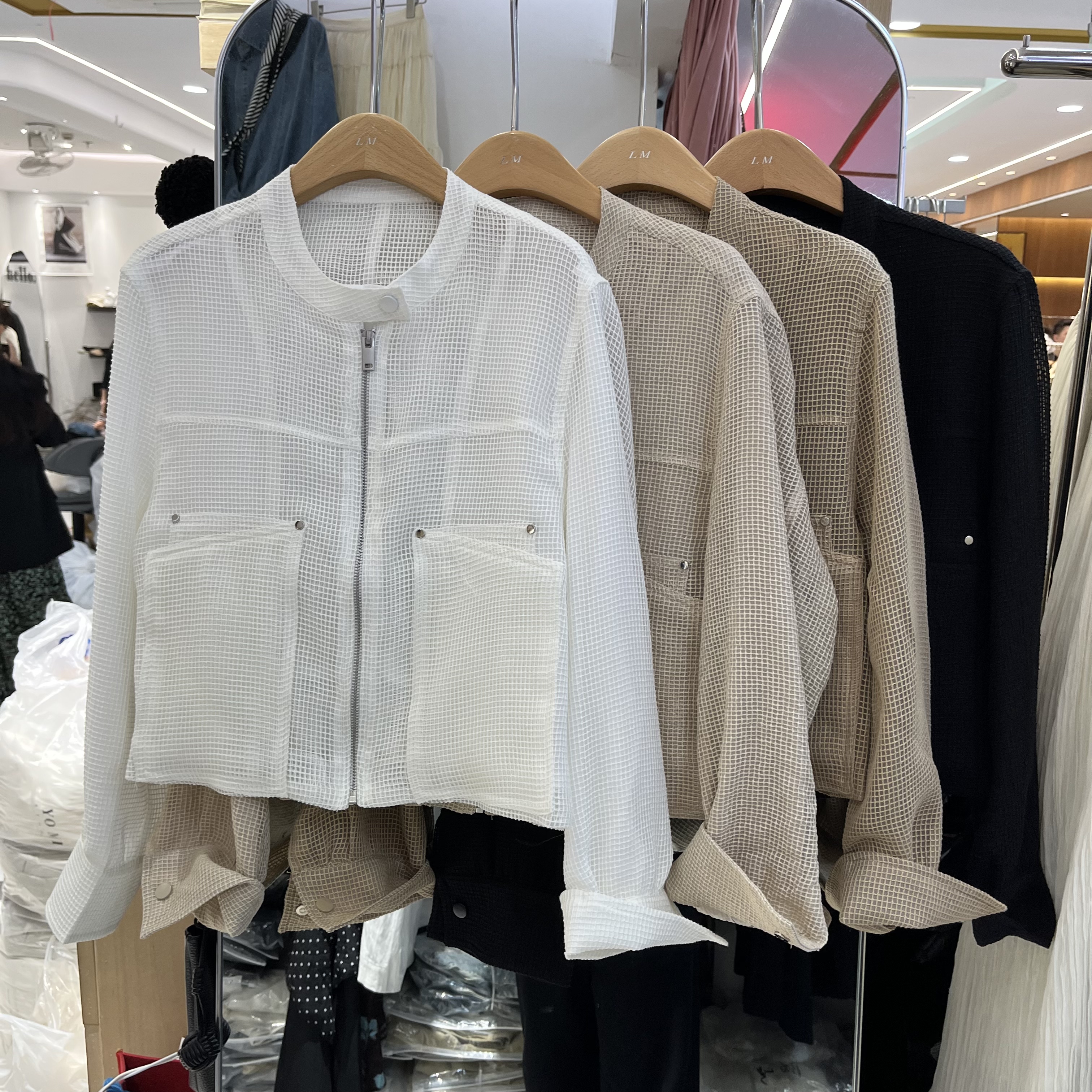 欧洲站2026春季新款女士圆领双口袋网纱防晒短外套欧货时尚上衣潮