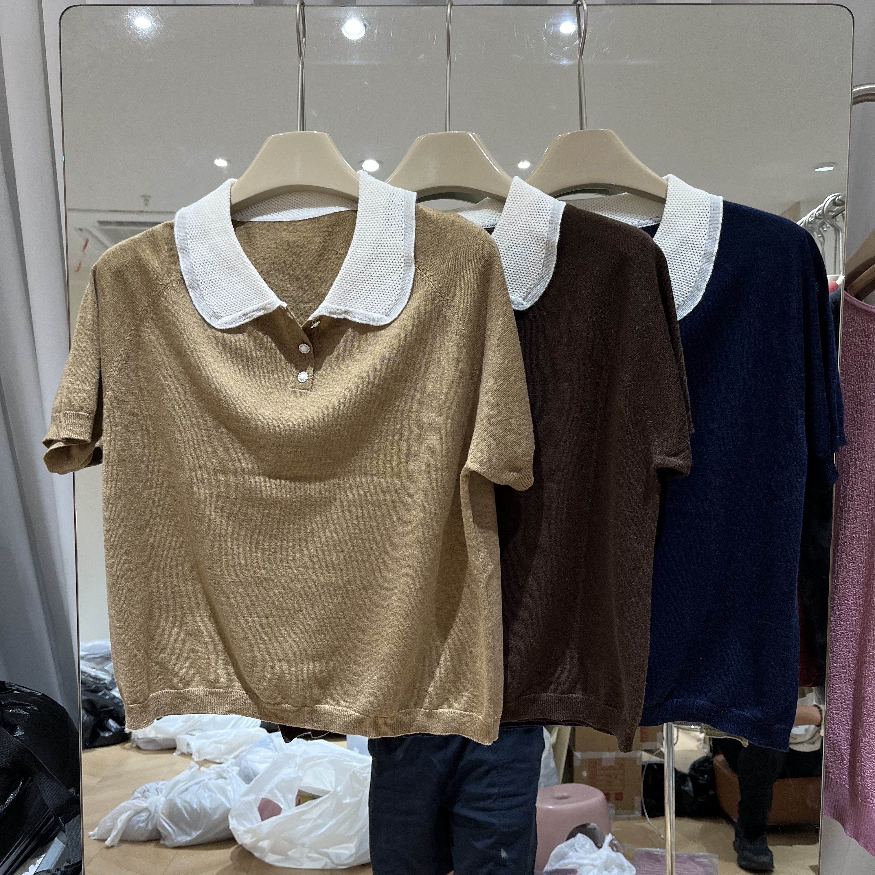 欧洲站2026早秋新款女士娃娃领拼接细羊毛短袖欧货时尚百搭针织衫