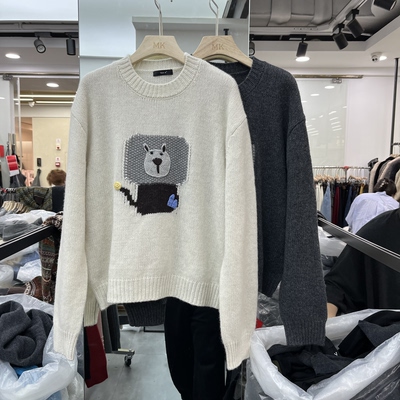 欧洲站2025秋冬新款女士圆领卡通绣花拼色羊绒羊毛长袖欧货针织衫