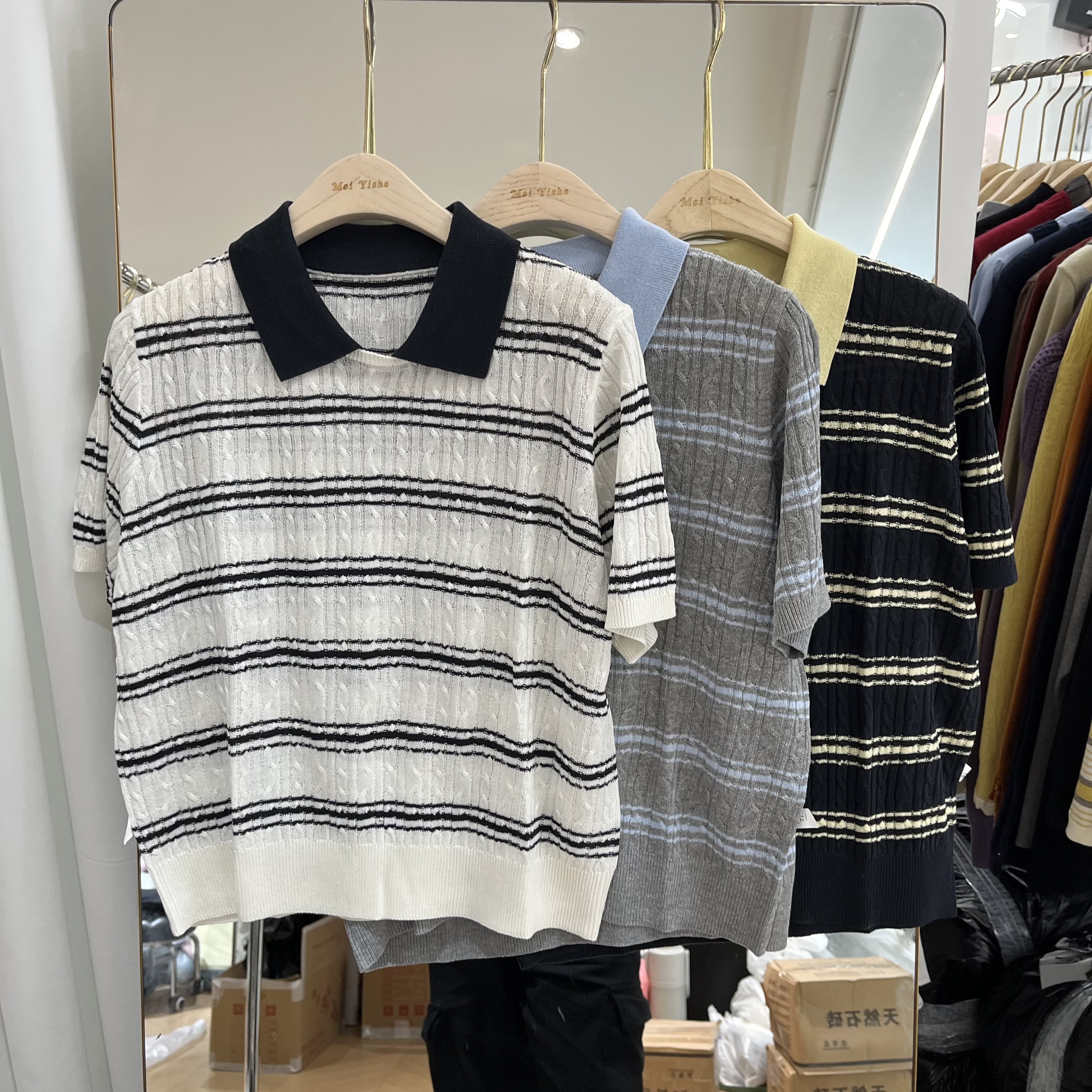 欧洲站2026春季新款女士翻领麻花纹拼色冰丝亚麻短袖欧货时尚针织