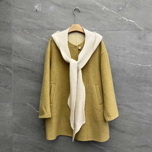 欧洲站2025冬季新款女士圆领搭配围巾帽双面羊绒大衣欧货时尚外套