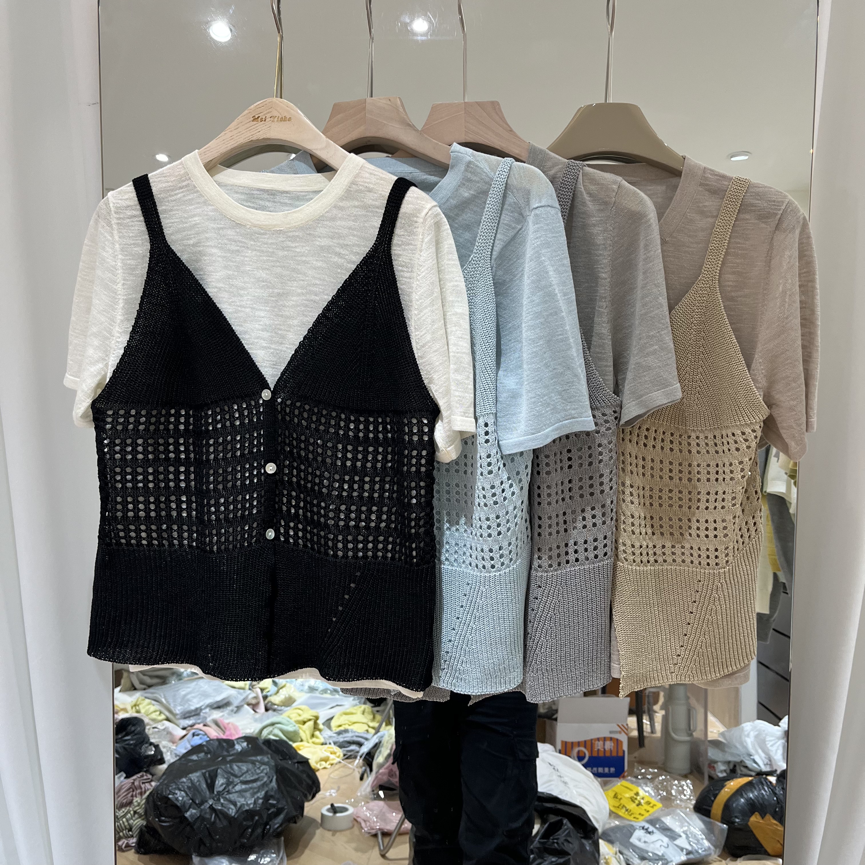 欧洲站2026春季新款女士圆领竹节麻短袖吊带马甲两件套欧货针织衫