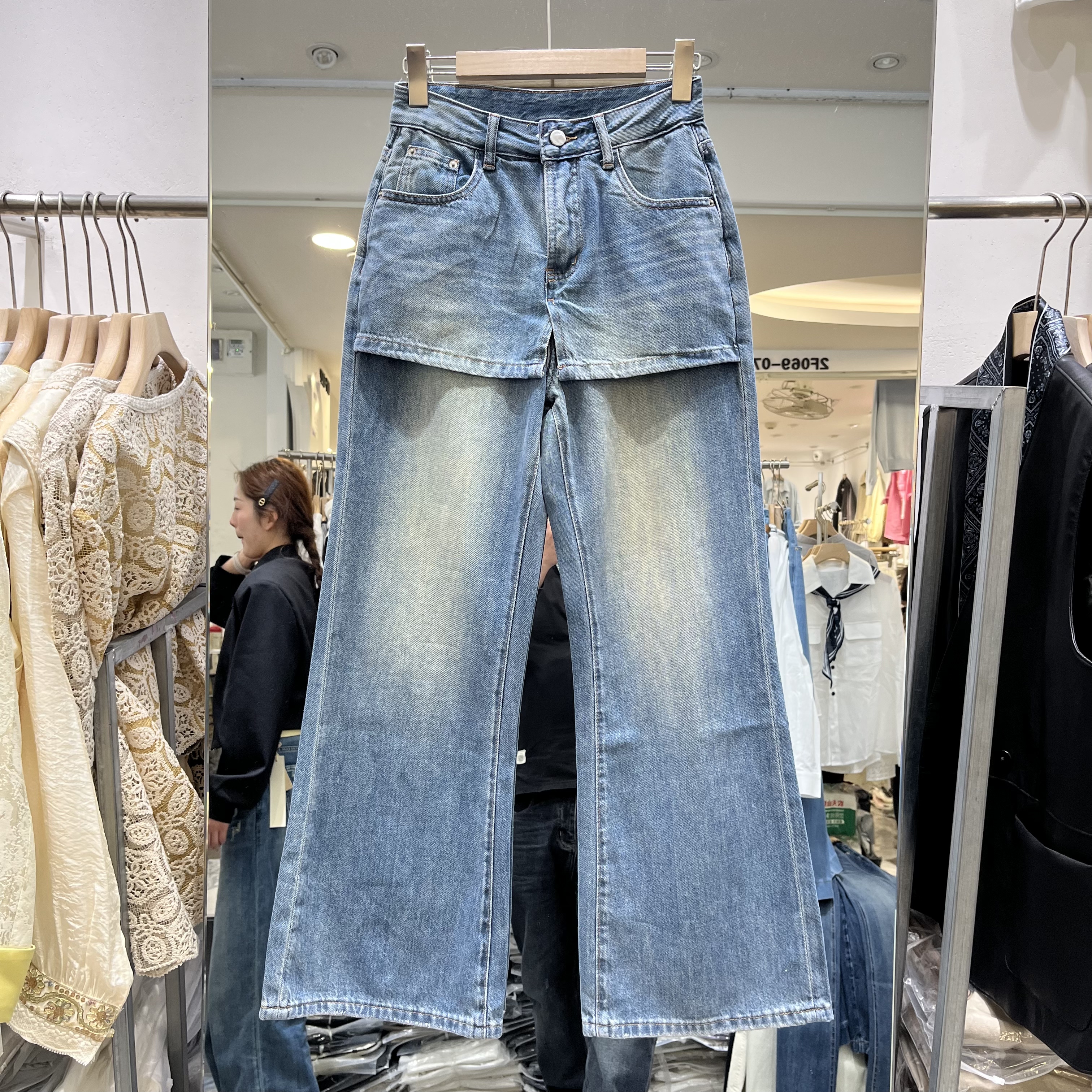 欧洲站2026春季新款女士高腰假两件拼接阔腿牛仔裤欧货时尚休闲裤