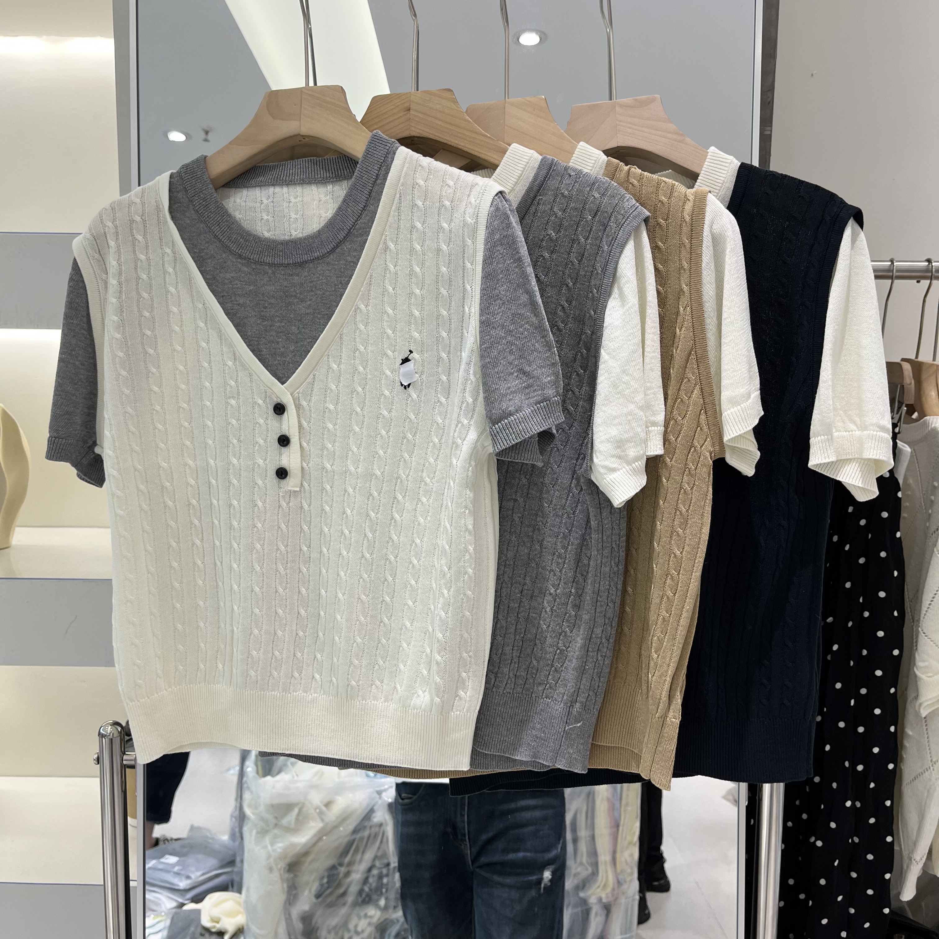 欧洲站2026春夏新款女士圆领假两件拼色麻花纹天丝亚麻短袖针织衫