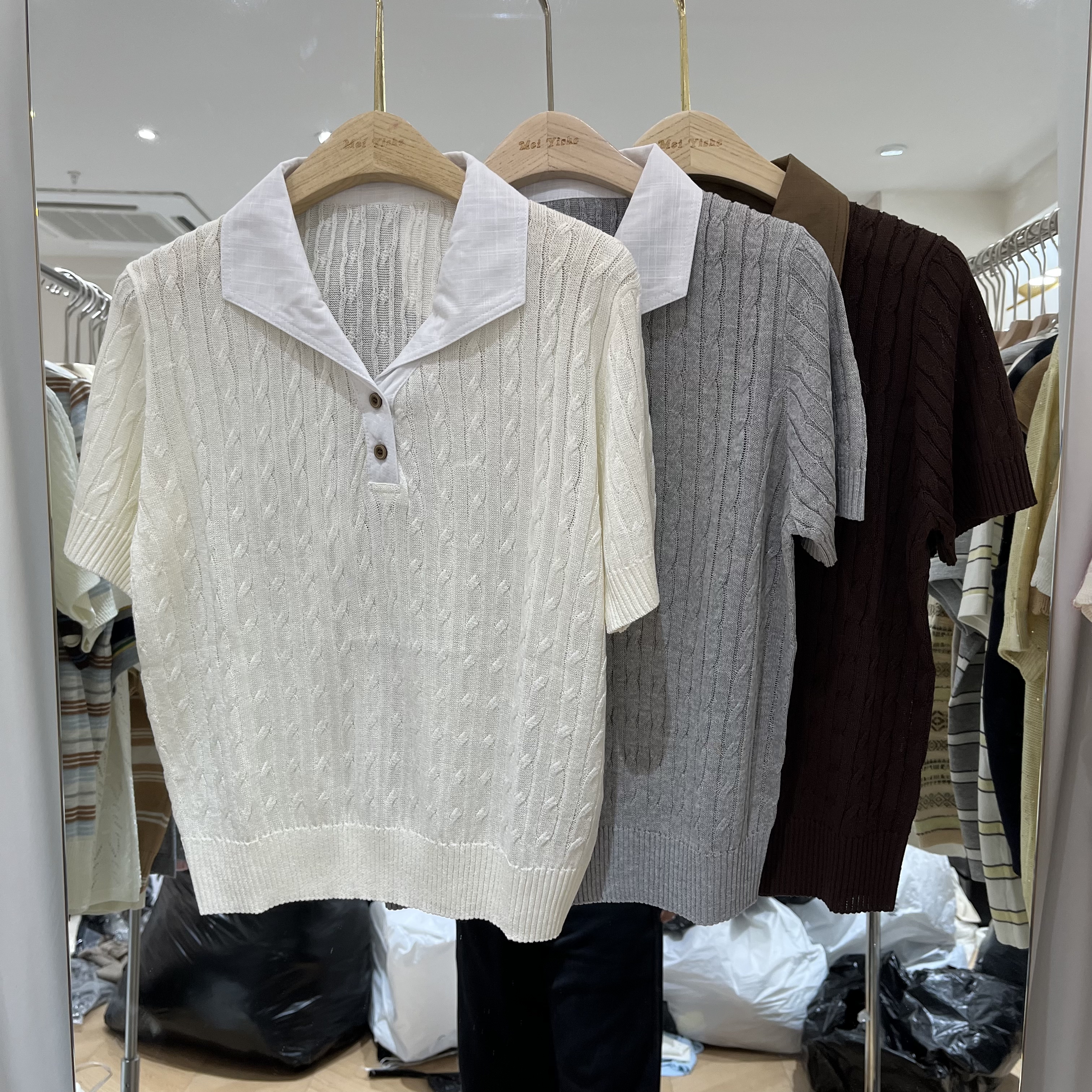 欧洲站2026春夏新款女士翻领拼色麻花纹天丝亚麻短袖欧货时尚针织