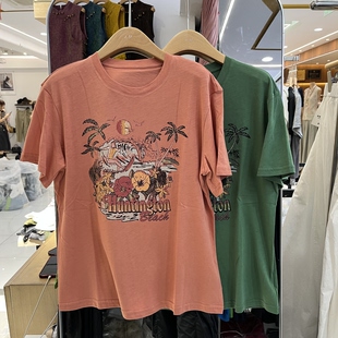 欧洲站2026夏季新款女士圆领卡通字母印花拼色短袖T恤欧货上衣潮