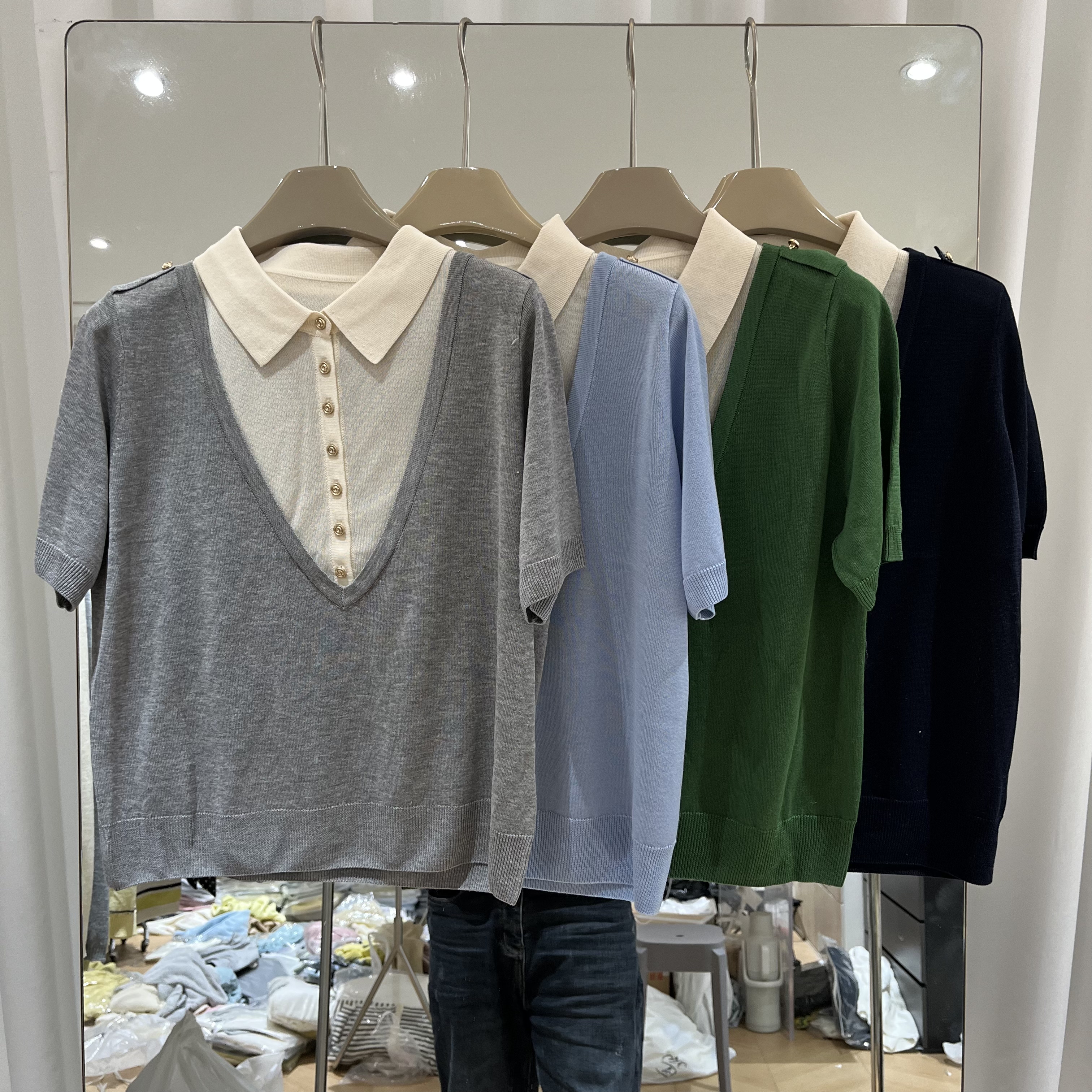 欧洲站2026春季新款女士Polo领假两件拼色细羊毛短袖欧货时尚针织