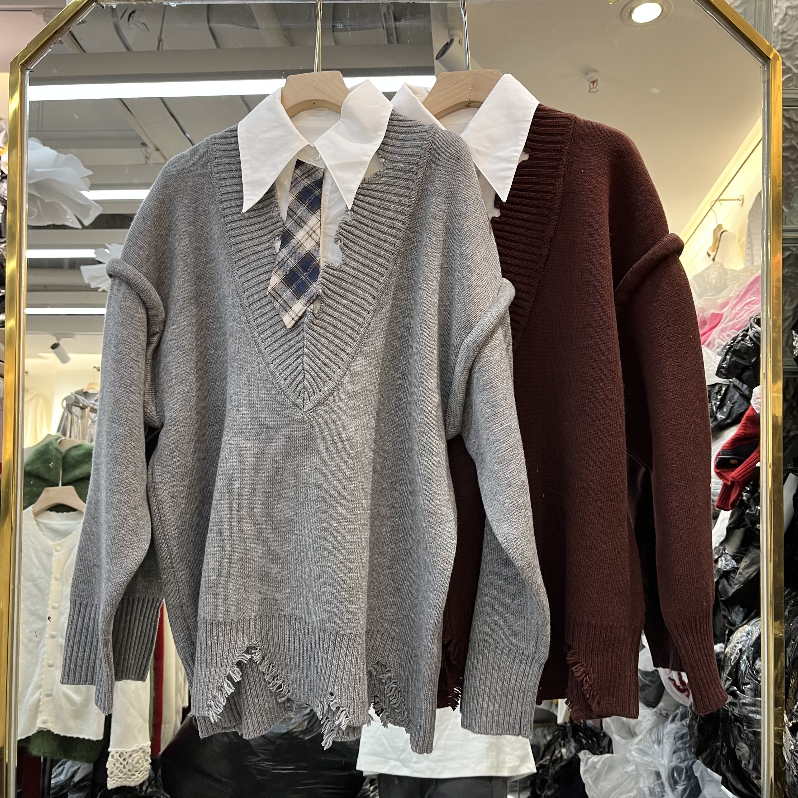 欧洲站2025秋冬新款女士衬衫领拼接羊毛假两件破洞边慵懒毛衣针织