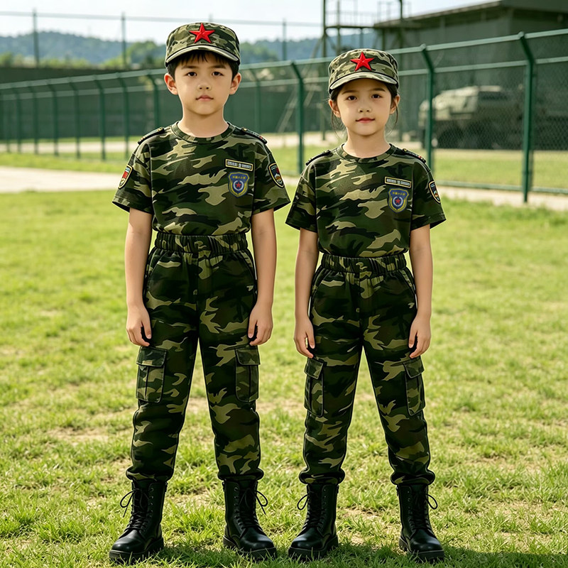 儿童迷彩军训服短袖套装小学生男女童夏令营户外体能训练工装长裤