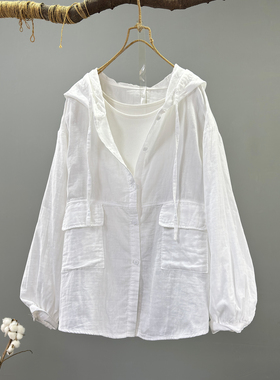 口袋双层棉纱连帽衬衫外套女宽松大码遮肉春秋装休闲百搭衬衣开衫