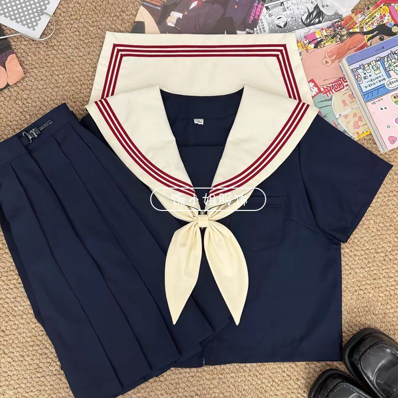 原创jk制服套装日系穿搭中间服基础款绀色jk水手服百褶短裙套装女
