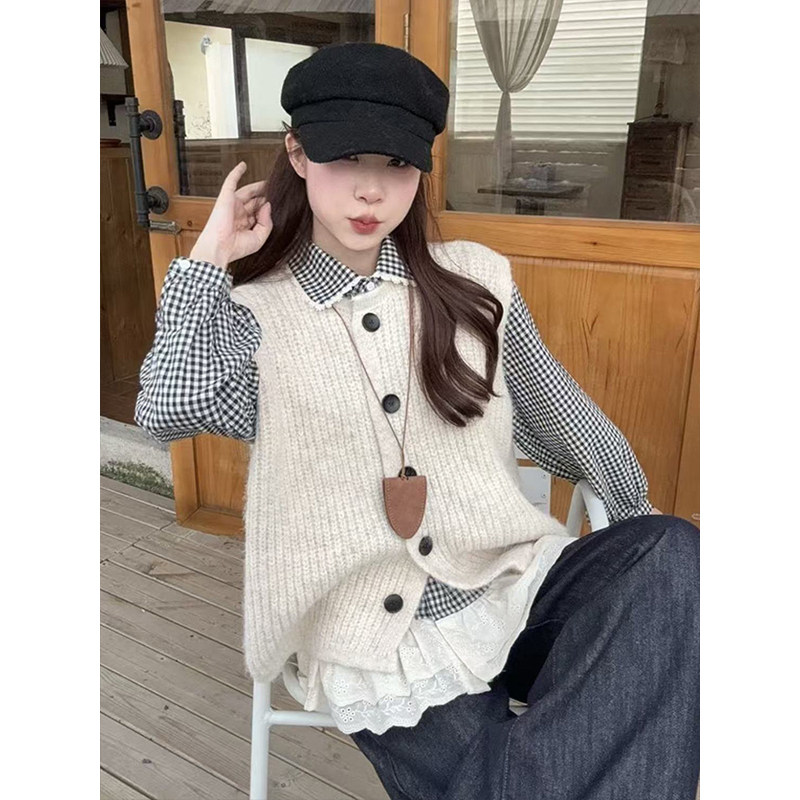 设计感时尚单排扣背心马甲女秋季2025新款内搭格纹长袖衬衫两件套,女装/女士精品,时尚套装,淘宝优惠券,粉丝福利购,淘宝优惠卷