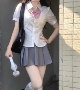 JK制服衬衫上衣女短袖原创夏季学院风收腰泡泡袖白色衬衣辣妹套装