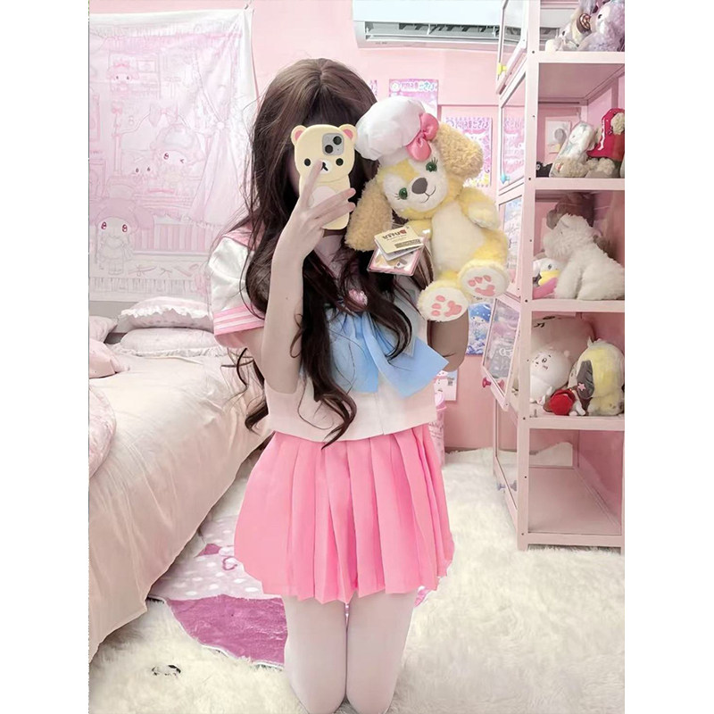 日系学院风穿搭少女粉色蓝色水手服短袖女可爱短裙原创JK制服百搭