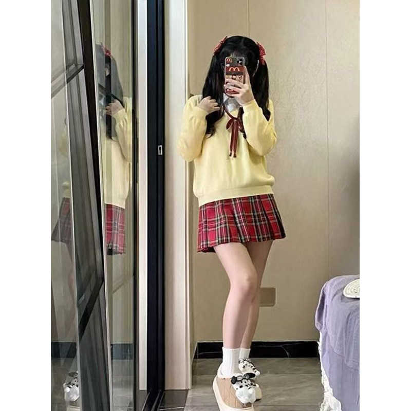 原创日系jk制服黄色套头毛衣格裙针织衫长袖毛衣百褶裙套装
