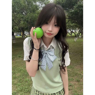 2025夏季 青苹果绿V领背心马甲百搭小青梅格裙原创JK制服新款 套装