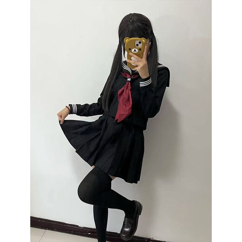 原创夏季款穿搭黑水手服长短袖衬衫上衣百搭黑色JK短裙学院风套装
