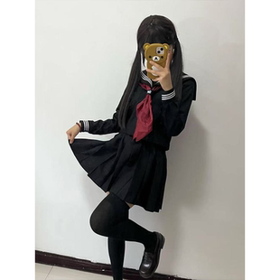 上衣百搭黑色JK短裙学院风套装 原创夏季 衬衫 款 穿搭黑水手服长短袖