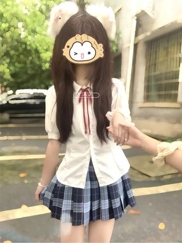 原创小田凌jk制服套装正版夏季收腰学院衬衫风收白衬衫格裙三件套