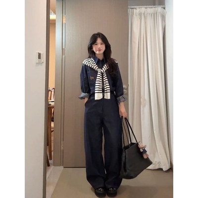 韩系时尚牛仔长袖衬衫女秋季学院风条纹披肩高腰阔腿长裤一整套装