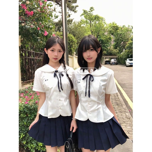 百褶裙短裙子 日系JK制服娃娃领短袖 收腰花瓣摆衬衫 女夏季 学院套装
