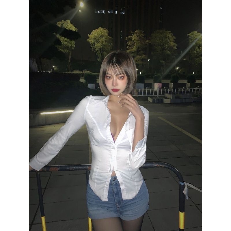 立领短袖衫2022新款V领修身白色OL衬衫制服性感低胸上衣衬衣女装
