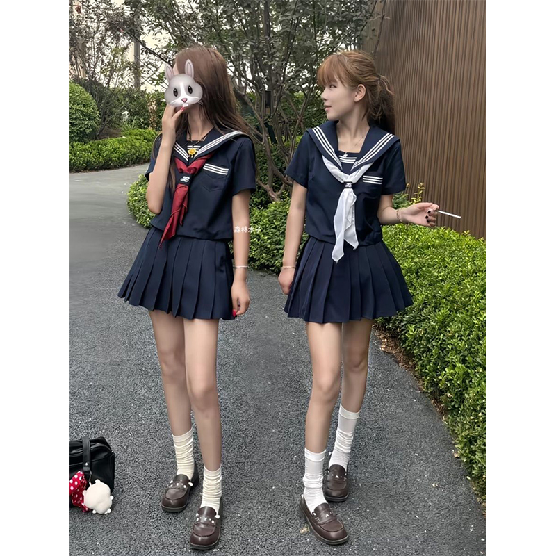 日系正统水手服原创JK制服短袖套装基础款绀三本学院百褶裙海军领