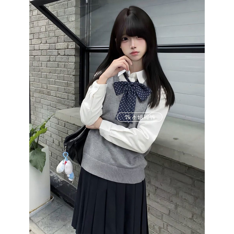 校供感JK制服针织衫无袖马甲背心漫感叠穿女内搭长袖衬衫绀裙套装