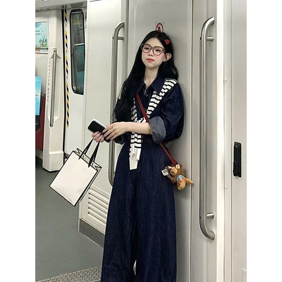 复古2025牛仔新款长袖韩系衬衫套装清新外套早秋高腰长裤