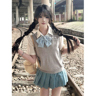 原创JK制服针织衫 女 无袖 马甲背心v领纯色套头毛衣学院风短裙套装