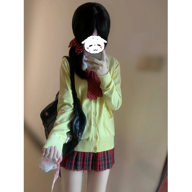 原创jk制服针织衫黄色开衫毛衣学院风叠穿衬衫长袖薄款小辣椒格裙