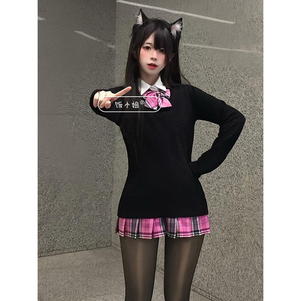 校供感jk制服原创穿搭纯色长袖宽松针织上衣女小玫格裙套装学院风