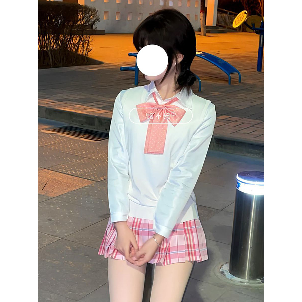 日系学院风叠穿白色针织衫V领毛衣百搭糖果百褶裙新款JK制服套装