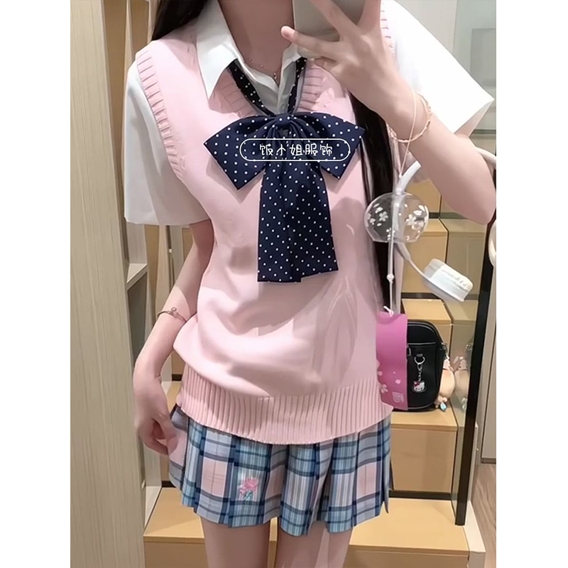 学院风JK制服针织衫樱花妹穿搭马甲背心纯色v领毛衣上衣三件套女