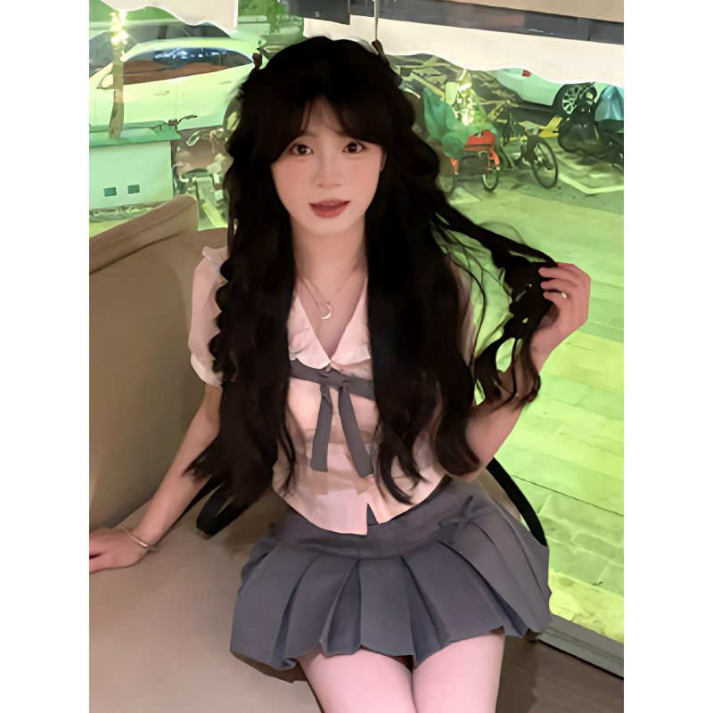 韩系甜美风衬衫甜妹新款粉色短袖甜辣穿搭学院风一整套jk制服套装