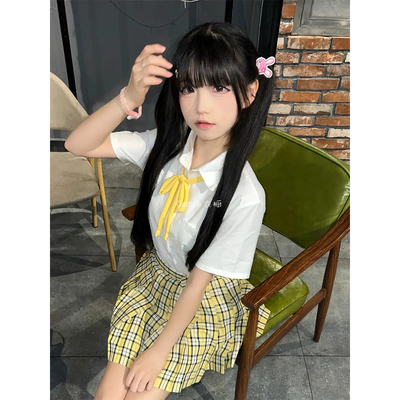 基础款纯色短袖上衣夏季学院风原创穿搭小杏中JK格子裙短裙套装女